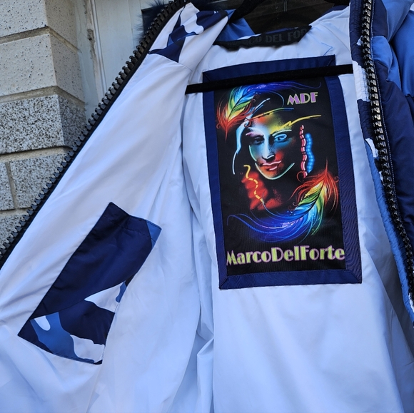 NWT Marco Del Forte Womens Winter Camo Blue Coat with Real Fur. Made in Italy - Picture 7 of 16
